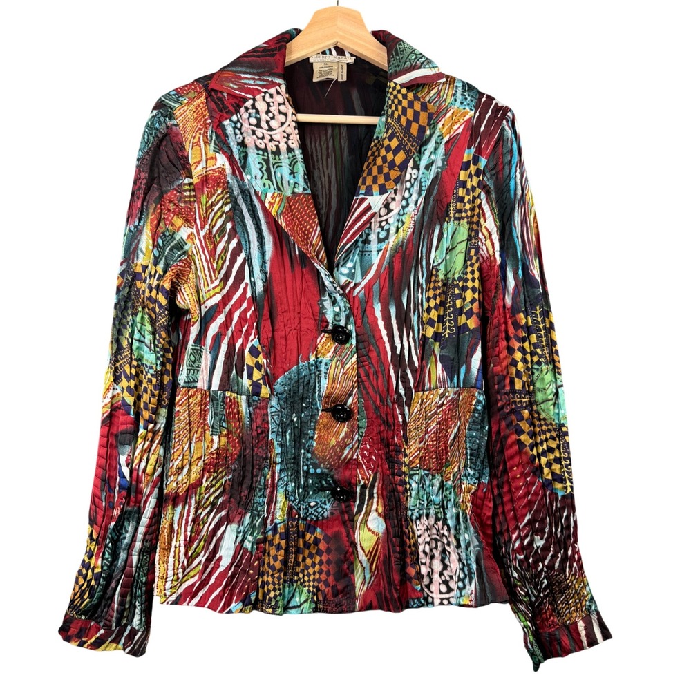 Alberto Makali XL Y2K Textured Pleated Abstract Print Button Up Jacket Multicolo